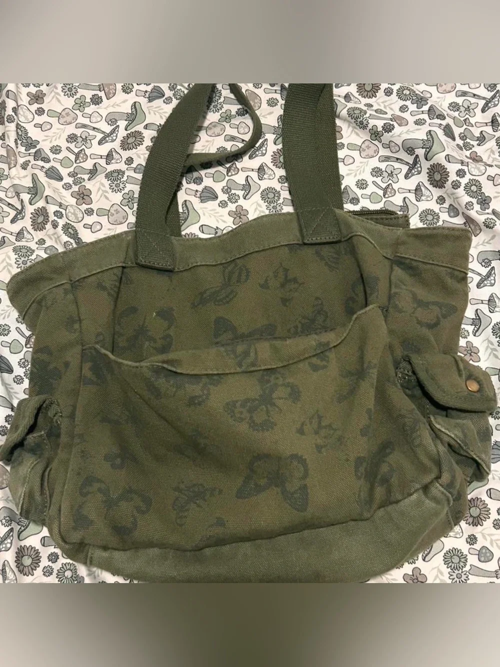 Vintage Y2K Hot Topic Olive Green Butterfly Canvas Cargo Tote Bag
